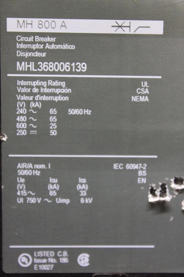 Used SQUARE D CIRCUIT BREAKER MHL368006139 800 AMP 3-POLE 600 VAC W/ SHUNT TRIP