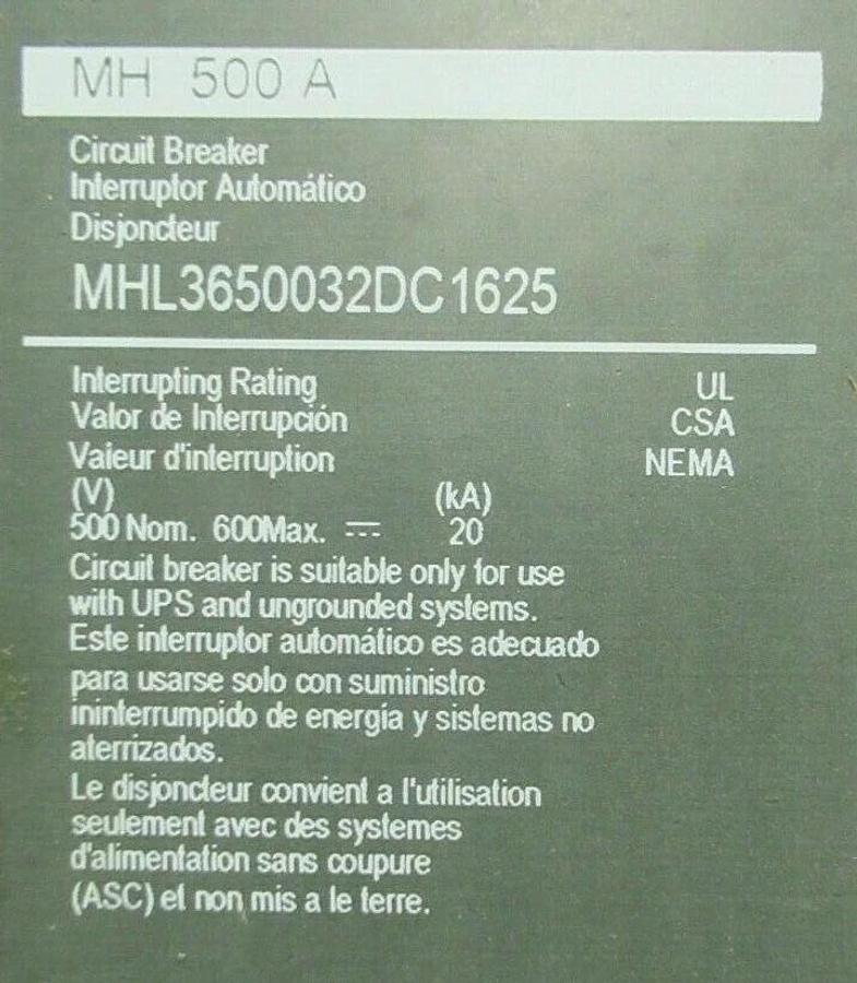 Used SQUARE D DC CIRCUIT BREAKER MHL3650032DC1625 500 AMP 600 VDC W/ UVR & AUX SWITCH