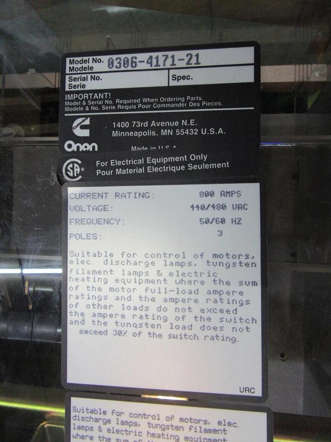 Used 600 A ONAN / CUMMINS AUTOMATIC TRANSFER SWITCH 480 V  3 PH BYPASS 0306-4171-21