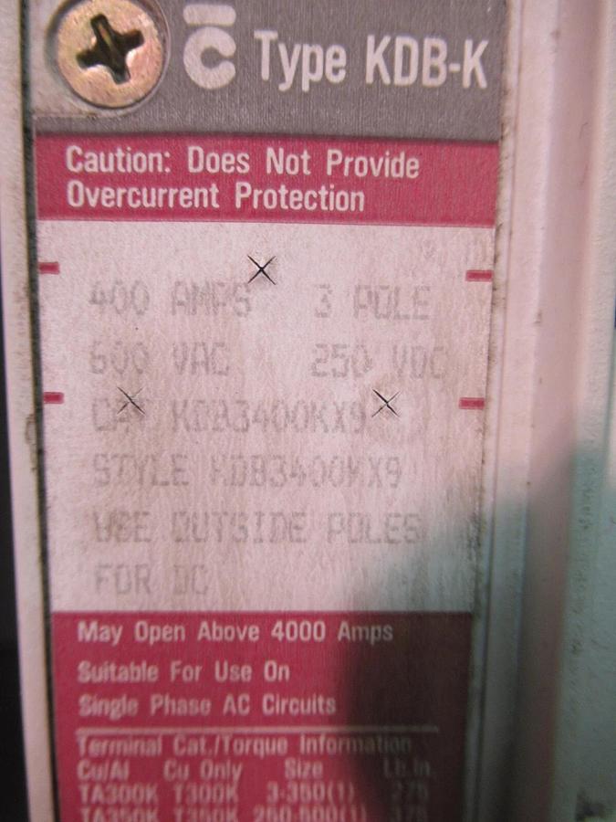 Used WESTINGHOUSE MOLDED CASE SWITCH KDB3400KX9 400 AMP 600 VAC 3-POLE KDB-K