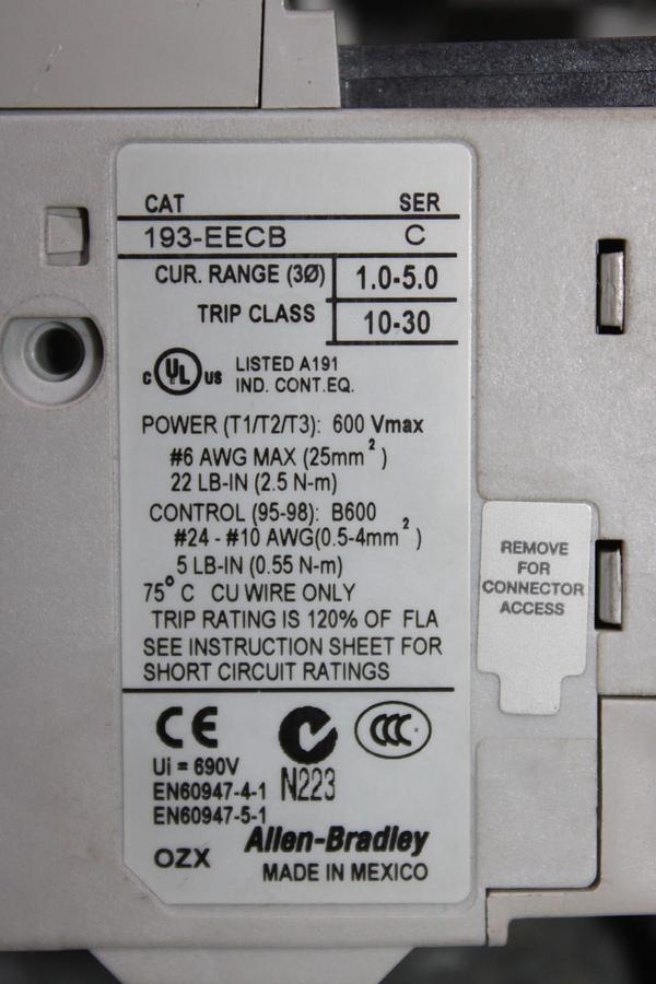 Used ALLEN BRADLEY STARTER 100-C23*10 30 AMP 600 VAC 3-POLE 15 HP W/ 193-EECB