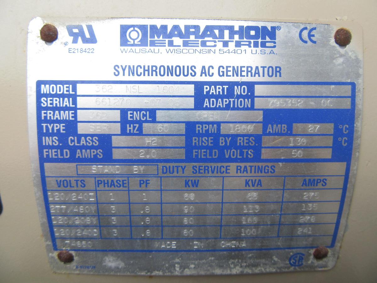 Used 60 KW DIESEL GENERATOR KATOLIGHT 120/240V RE-CONNECTABLE SOUND ENCLOSED 204 HRS
