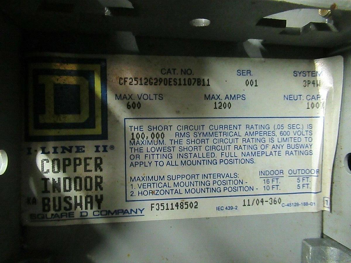 Used 1200 AMP SQUARE D CF2512G290ES1107B11 3 PH 4 W 600 V BUSWAY OFFSET COPPER I-LINE