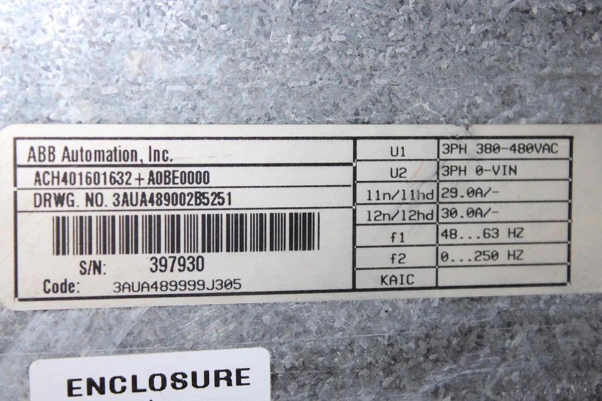 Used ABB VARIABLE SPEED DRIVE ACH401601632 480 VAC 3-PHASE *W/ BYPASS* *NO KEYPAD*