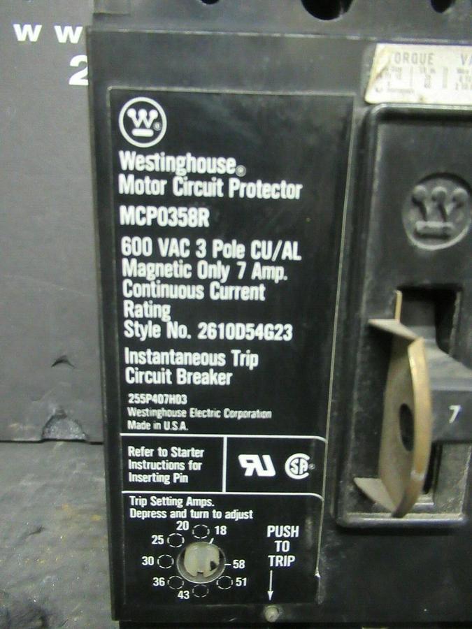 Used 7 AMP WESTINGHOUSE BREAKER MCP0358RC 600 VAC 3-POLE **WARRANTY INCLUDED!**