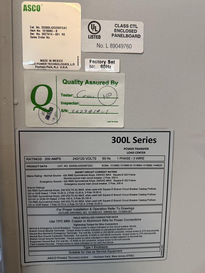 NEW ASCO AUTOMATIC TRANSFER SWITCH 480V 3-PHASE D03ATSA30200NGXF NEMA 3R