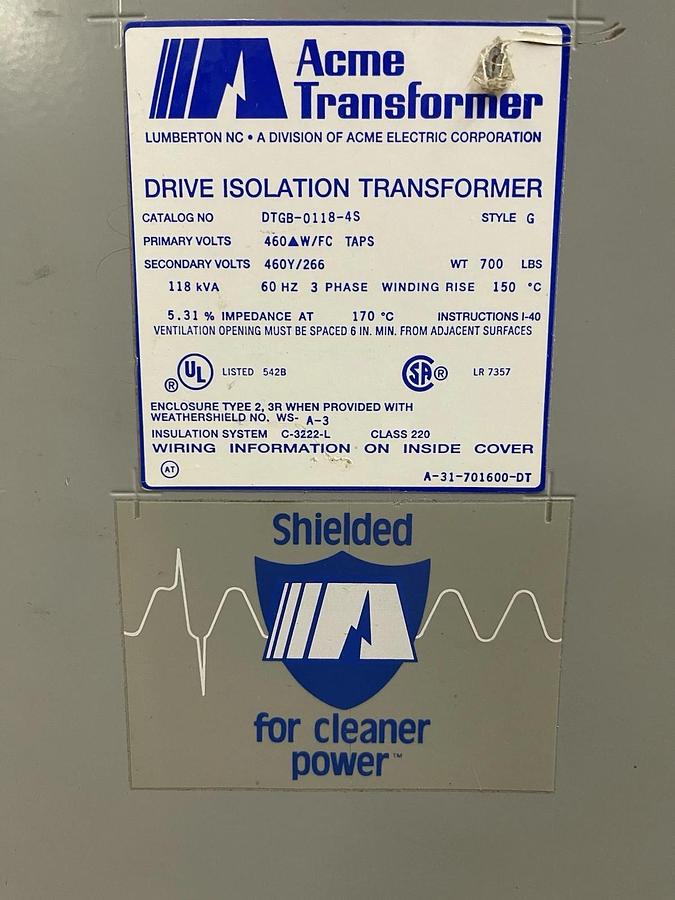 Used 118 KVA ACME TRANSFORMER DTGB-0118-4S 460V HIGH 460Y/266V LOW 3-PHASE NEMA 2