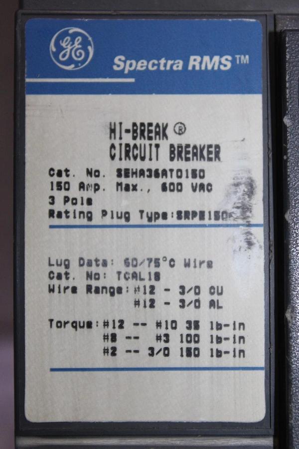 Used GE SPECTRA CIRCUIT BREAKER SEHA36AT0150 150 AMP 600 VAC 3-POLE W/ AUX. SWITCH