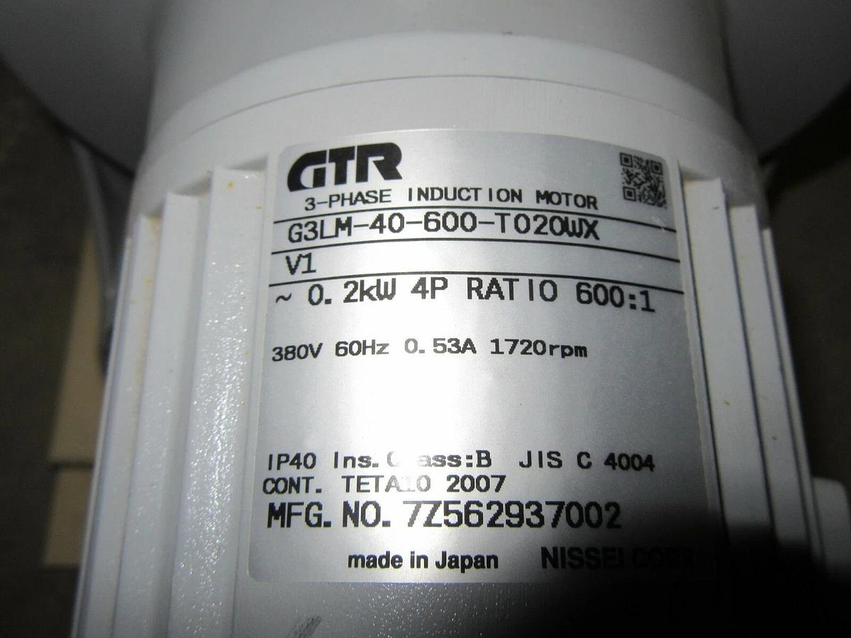 Used GTR 3-PHASE INDUCTION MOTOR GEAR REDUCER G3LM-40-600-T020WX 0.2 kW 0.53A 380V