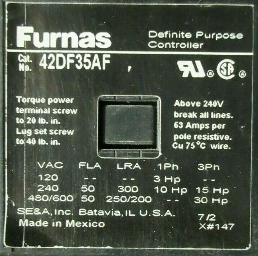 Used FURNAS 50 AMP CONTACTOR 42DF35AF 600 VAC COIL: 120 VAC 30 HP