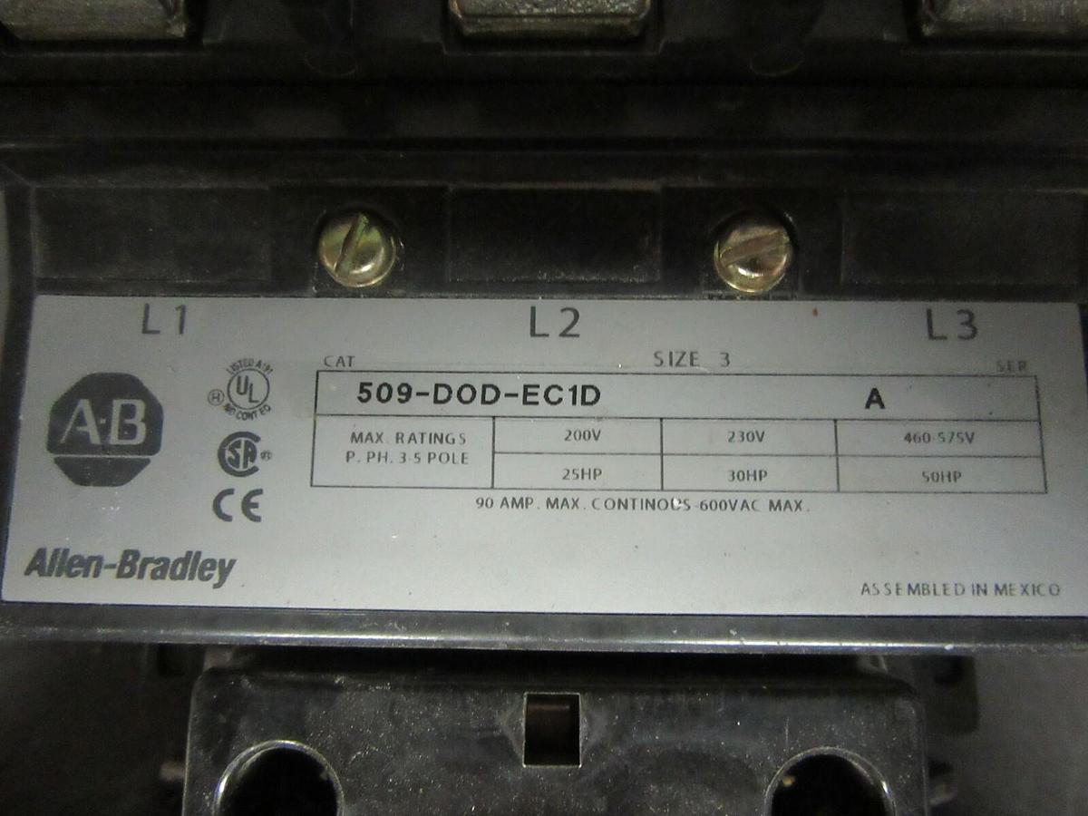 Used ALLEN BRADLEY STARTER 509-DOD-EC1D SER. A NEMA: 3 50 HP 600 VAC W/ 592-EC1DD
