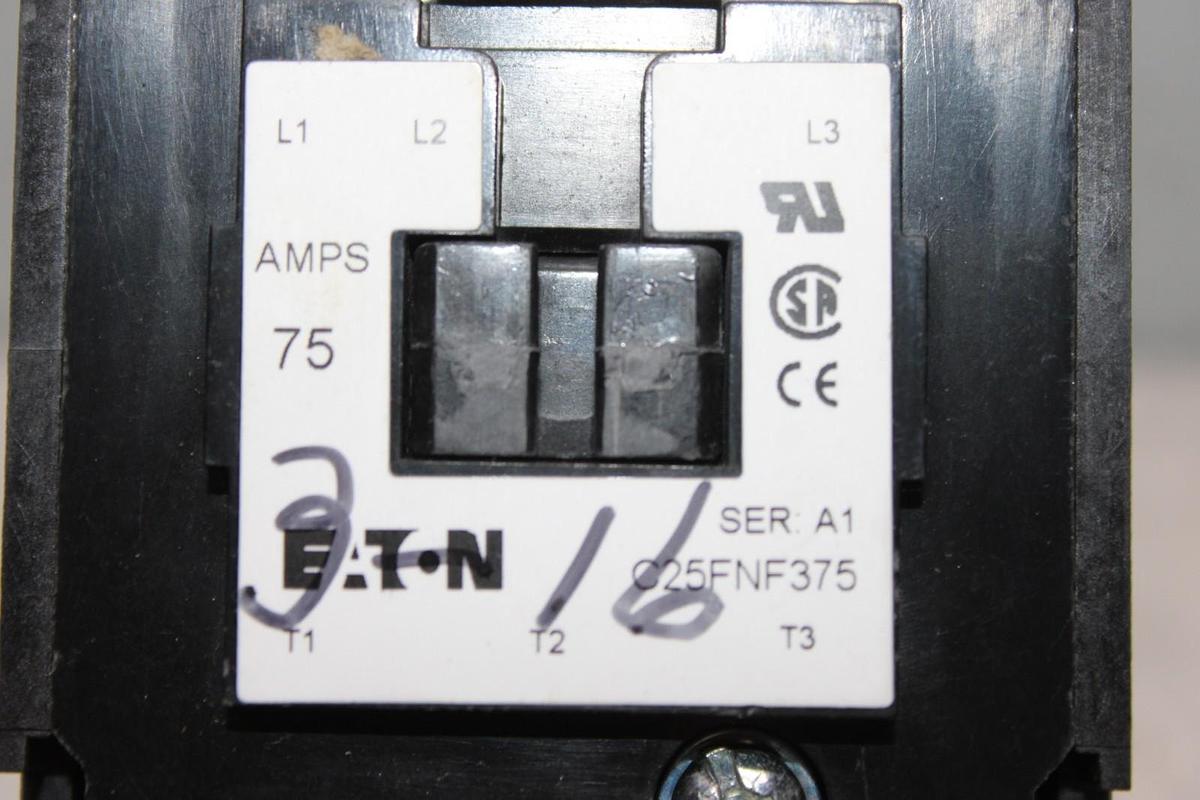 Used EATON DEFINITE PURPOSE CONTACTOR C25FNF375 75 AMP 600 VOLT 50 HP 3-POLE 3-PHASE