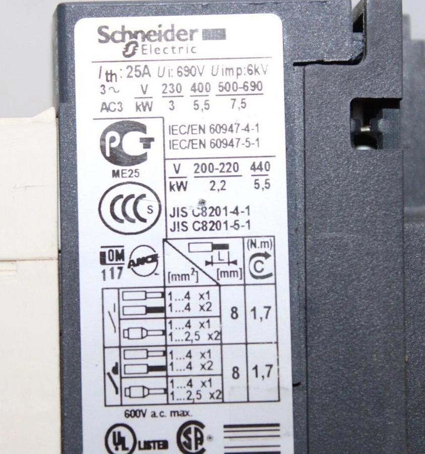 Used SCHNEIDER CONTACTOR LC1D12 25 AMP 600 VAC 3-POLE 3-PHASE 7.5 KW COIL: 24V