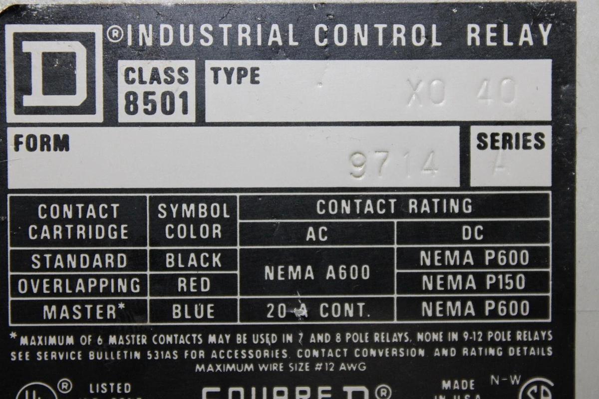 Used SQUARE D INDUSTRIAL CONTROL TIMING RELAY 8501 XTE1 X0-40 **WARRANTY**