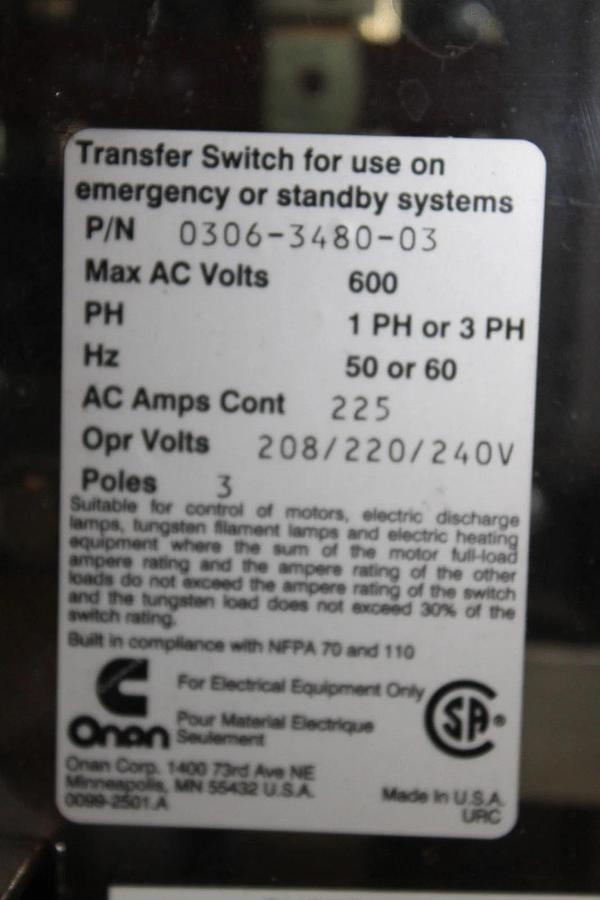 Used CUMMINS ONAN AUTOMATIC TRANSFER SWITCH OT-225 225 AMP 240 VAC 3-POLE 1-PHASE