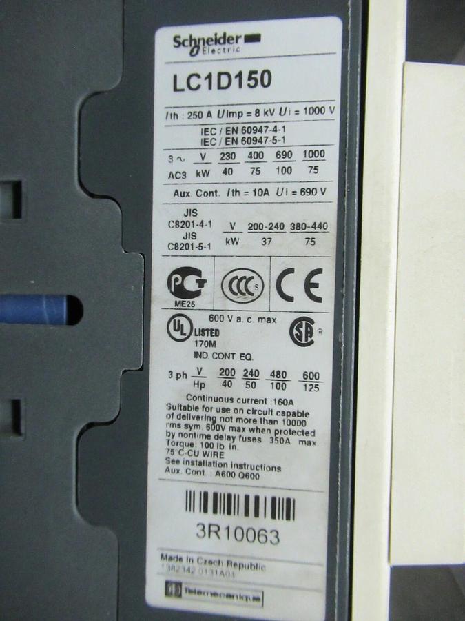 Used SCHNEIDER STARTER LC1D150 160 AMP 600 VOLT 3-POLE 125 HP 3-PHASE W/ LR2D43