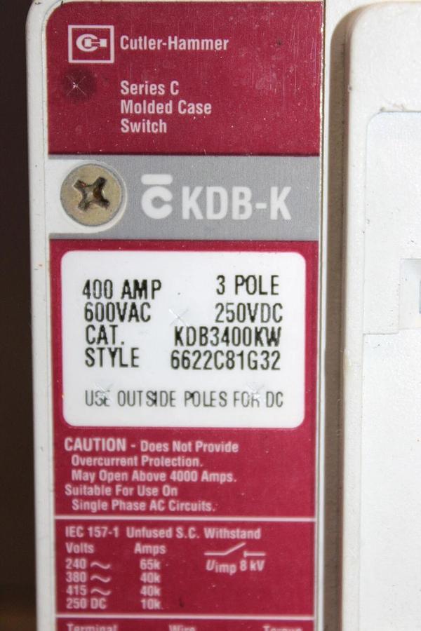 Used CUTLER HAMMER MOLDED CASE SWITCH KDB3400KW 400 AMP 600 VAC 3-POLE *WARRANTY*