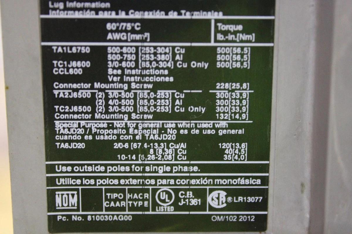 Used SIEMENS SENTRON CIRCUIT BREAKER JXD63B400 400 AMP 3-POLE 600 VAC JXD6-A