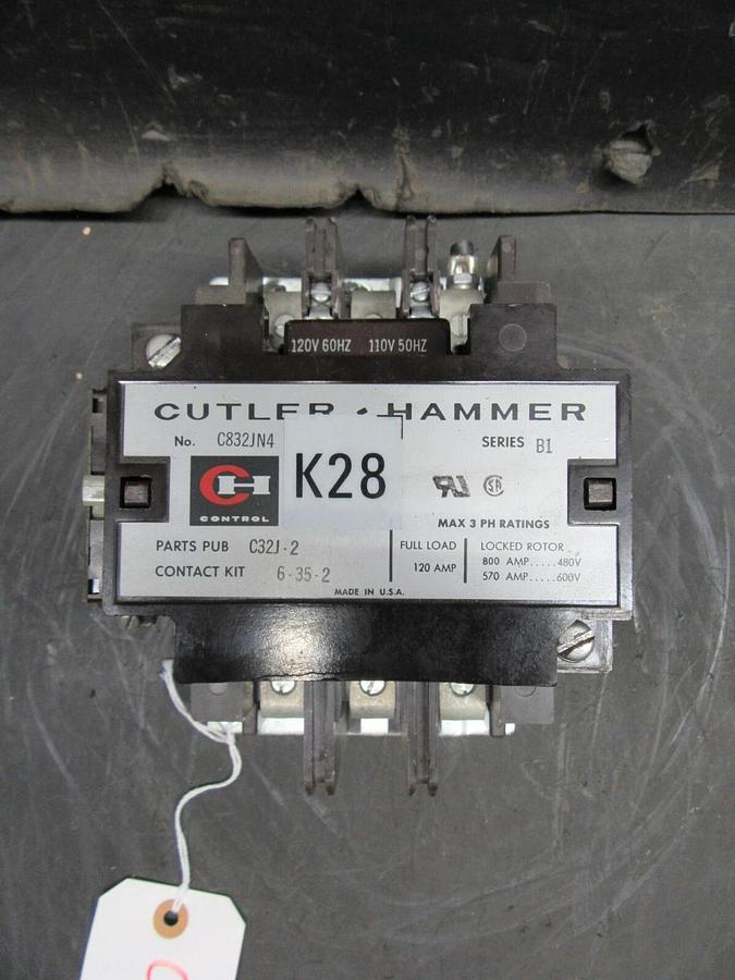 Used CUTLER HAMMER CONTACTOR C832JN4 120 AMP 480/600 V SERIES B1 120 VAC COIL NO LUGS