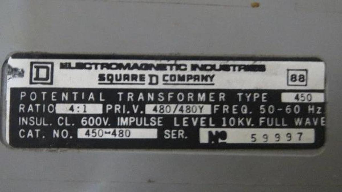 Used SQUARE D TRANSFORMER 4:1 480/480Y 600 VAC 10 KV MODEL 450-480
