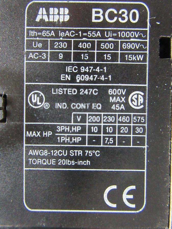 Used ABB CONTACTOR BC30 600 VAC 45 AMP 30 HP 3-PHASE COIL: 24 VDC **WARRANTY**