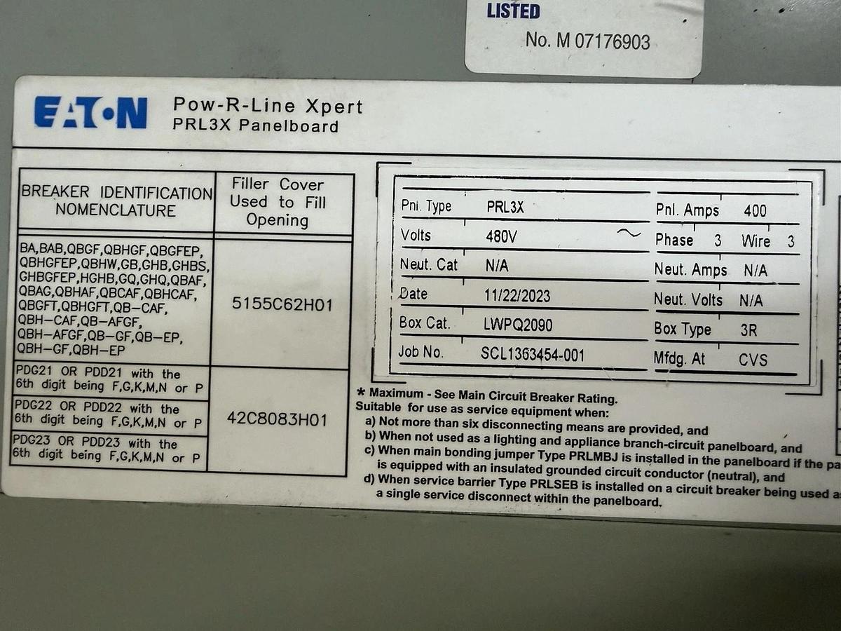 NEW EATON NEMA 3R POW-R-LINE XPERT PANELBOARD LWPQ2090 PRL3X 400 AMP MAIN 480V