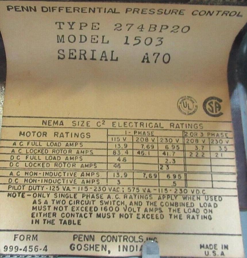 Used PENN DIFFERENTIAL PRESSURE CONTROL 274BP20-1503 230 VAC 13.9 AMP **WARRANTY**