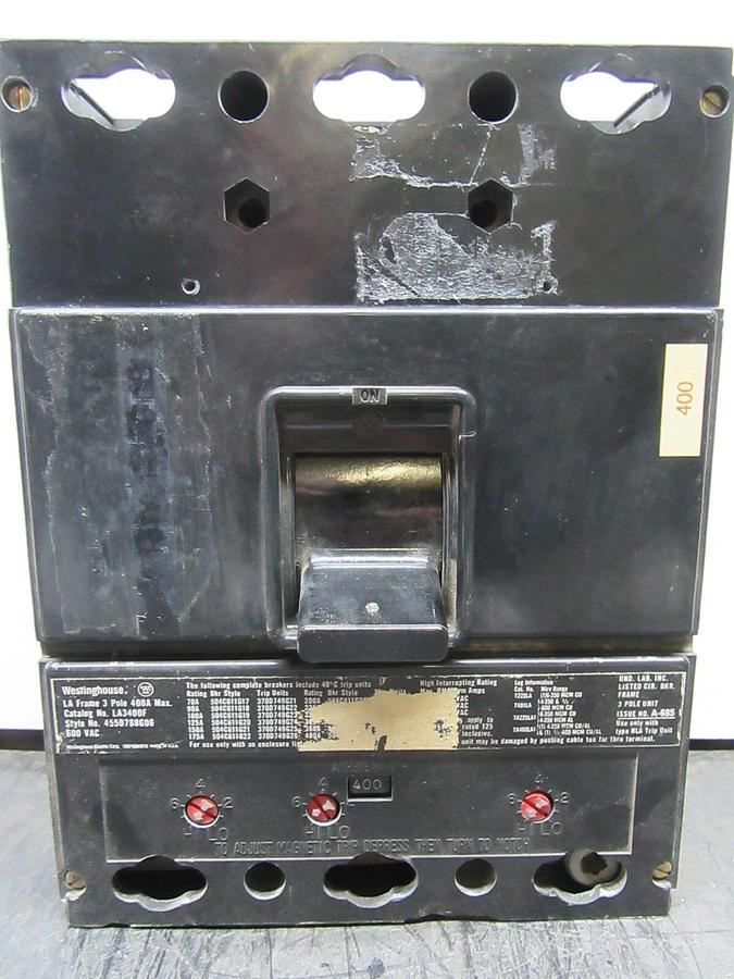 Used WESTINGHOUSE 3-POLE CIRCUIT BREAKER LA3400F 400 AMP 600 VAC *CHIPPED VIEW PICS*