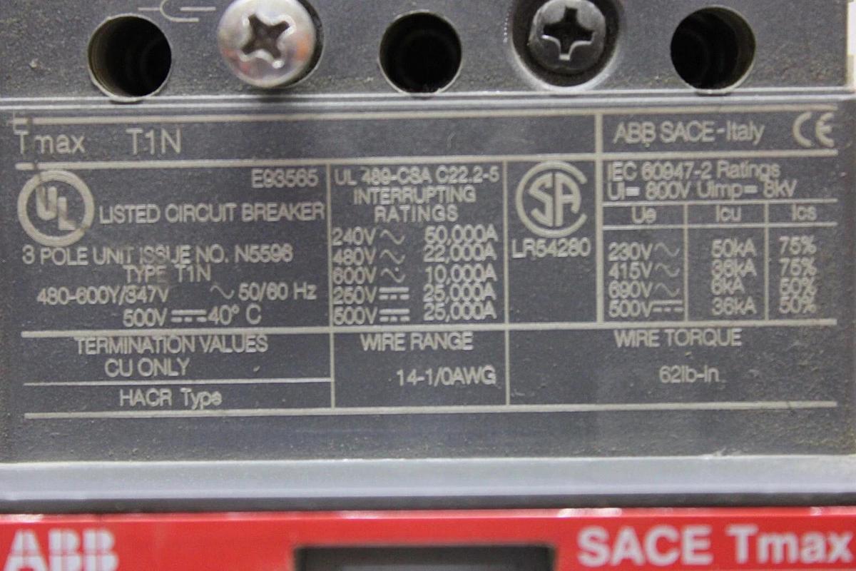 Used ABB CIRCUIT BREAKER TMAX T1N 50 AMP 3-POLE 600 VAC **WARRANTY INCLUDED**