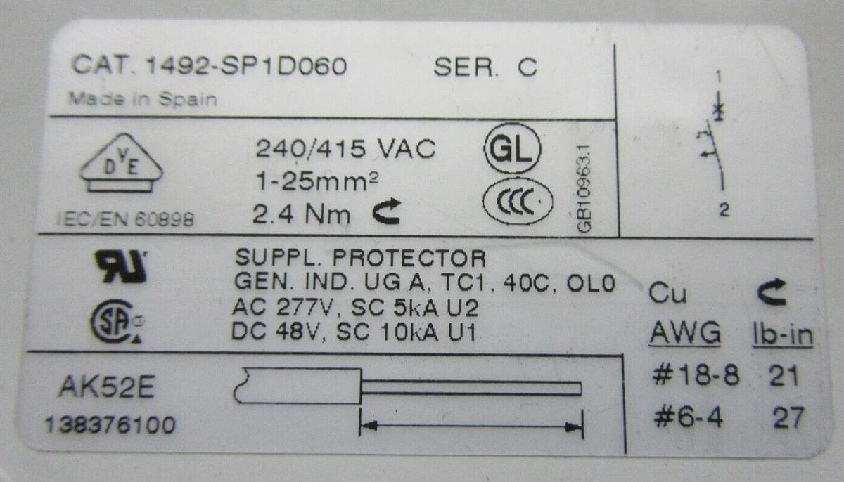 Used ALLEN BRADLEY BREAKER 1492-SP1D060 6 AMP 277 VAC SINGLE POLE **WARRANTY**
