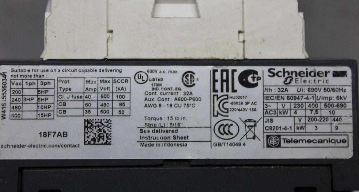 Used SCHNEIDER CONTACTOR LC1D18 32 AMP 600 VAC 3-POLE 3-PHASE 10 KW COIL: 110V