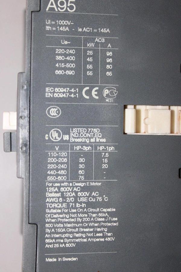 Used ABB CONTACTOR A95-30 125 AMP 600 VAC 75 HP 3-PHASE W/ 024-31106-000 *WARRANTY*
