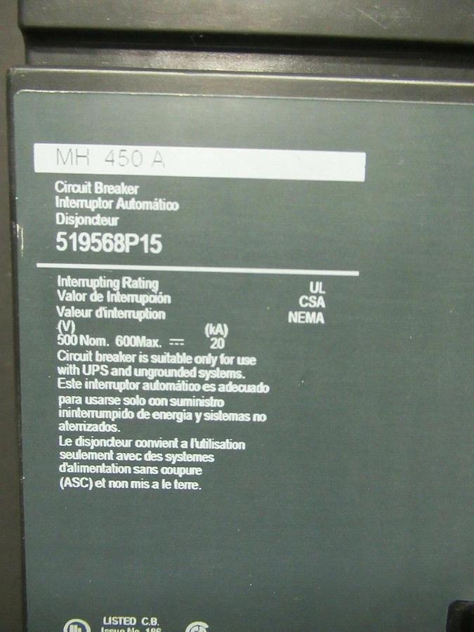Used 450 AMP SQUARE D BREAKER 519568P15 600 VDC 3 POLE W/ AUXILIARY SWITCH & UVR
