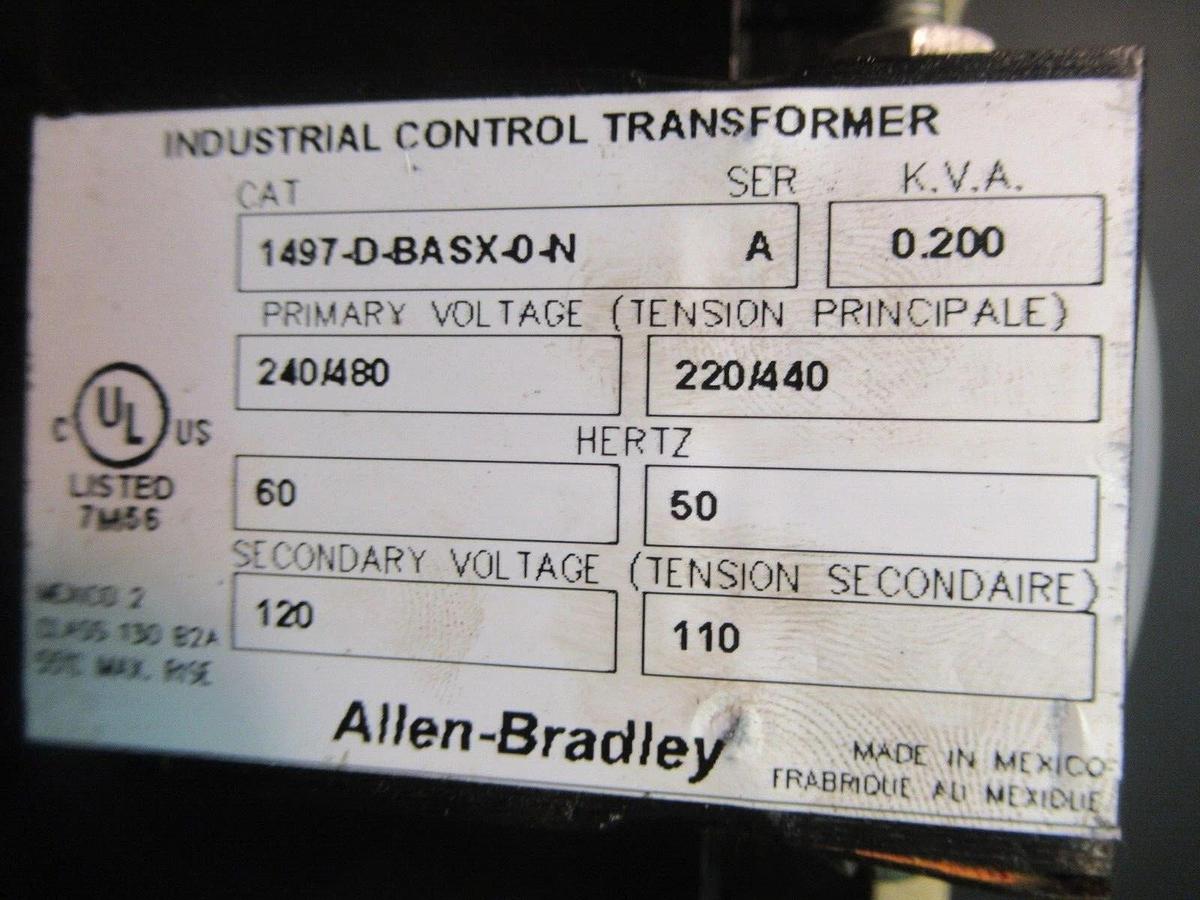 Used ALLEN BRADLEY CONTROL TRANSFORMER 1497-D-BASX-0-N SER. A KVA: 0.2 VOLT: 480