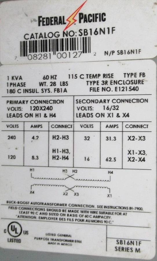 1 KVA FEDERAL PACIFIC TRANSFORMER SB16N1F SINGLE PHASE PRI: 240V SEC: 32V