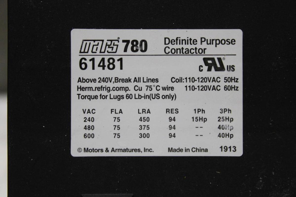 NIB MOTORS & ARMATURES MARS 780 CONTACTOR 61481 75 AMP 600 VAC 40 HP