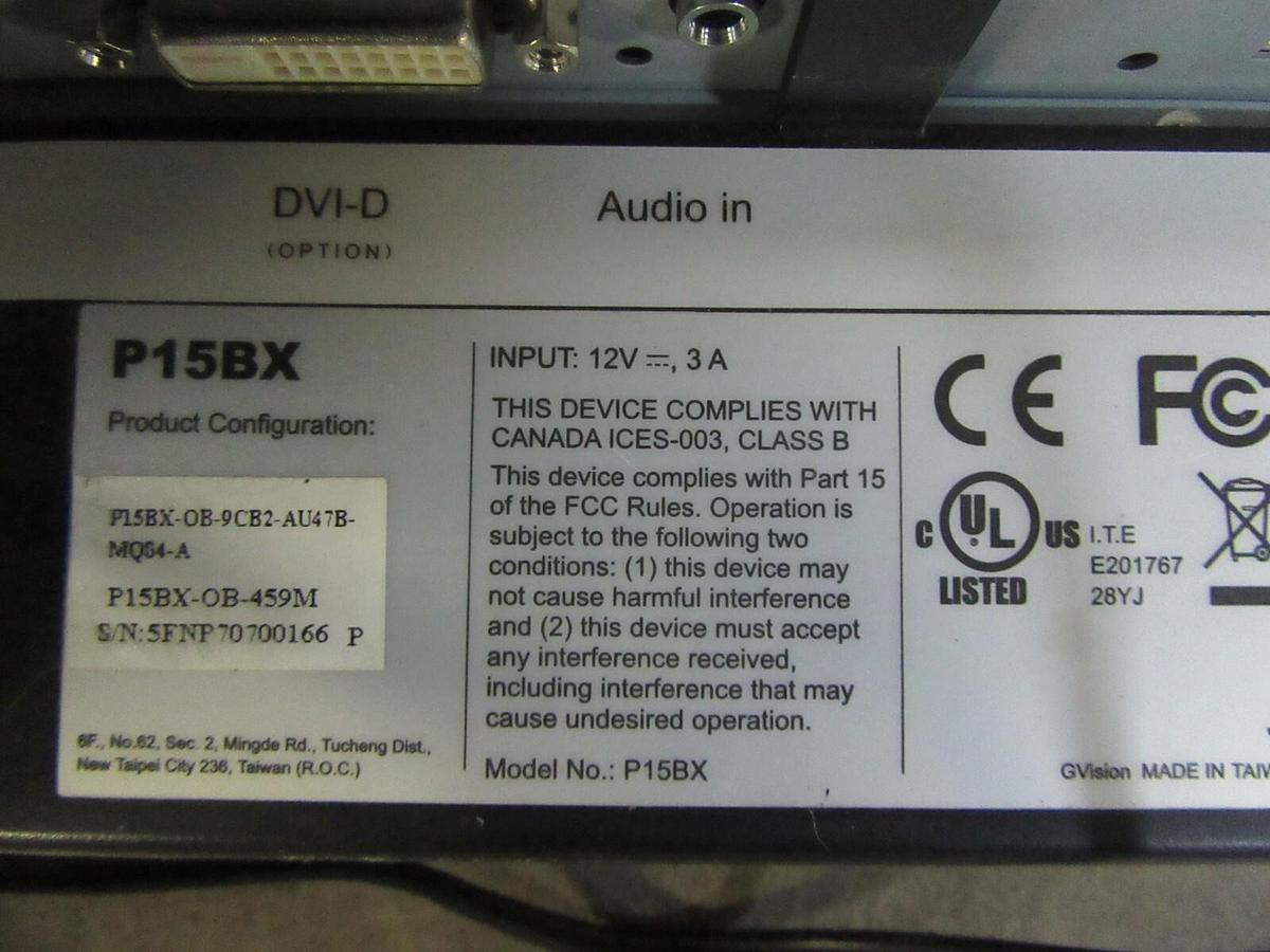 Used GVISION P15BX LCD TOUCHSCREEN MONITOR 12 VDC 3 AMP W/ SWINGING ARM **WARRANTY**