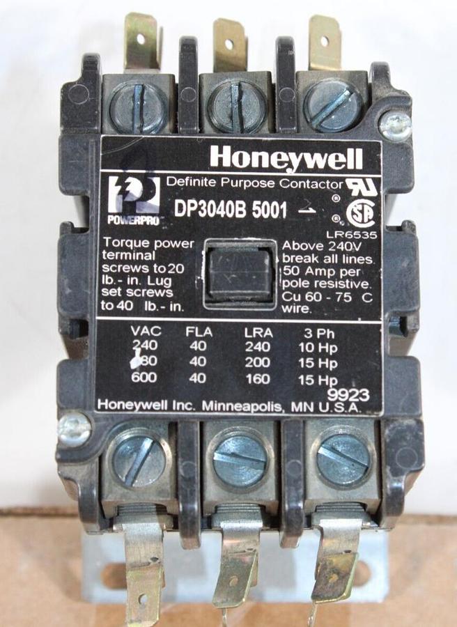 Used HONEYWELL CONTACTOR DP3040B-5001 600 VAC 40 AMP 15 HP COIL: 120V *WARRANTY*