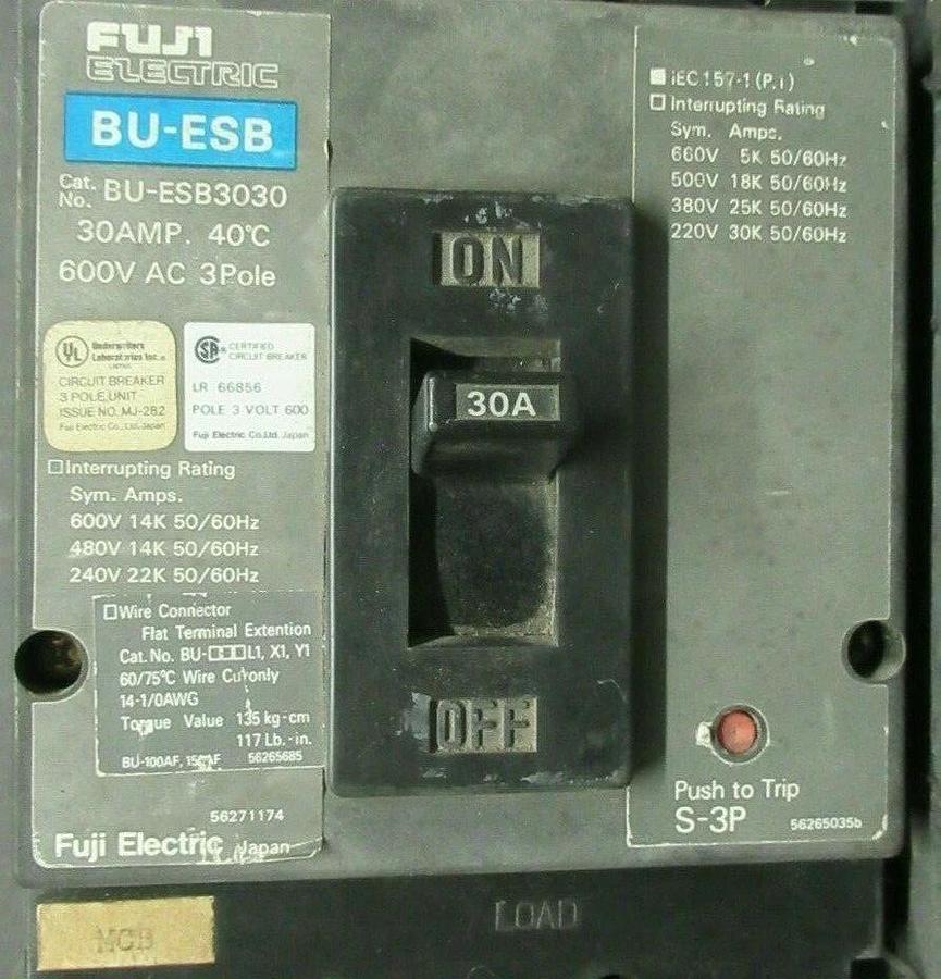 Used 30 AMP FUJI ELECTRIC BREAKER BU-ESB3030 600 VAC 3 POLE **WARRANTY INCLUDED**