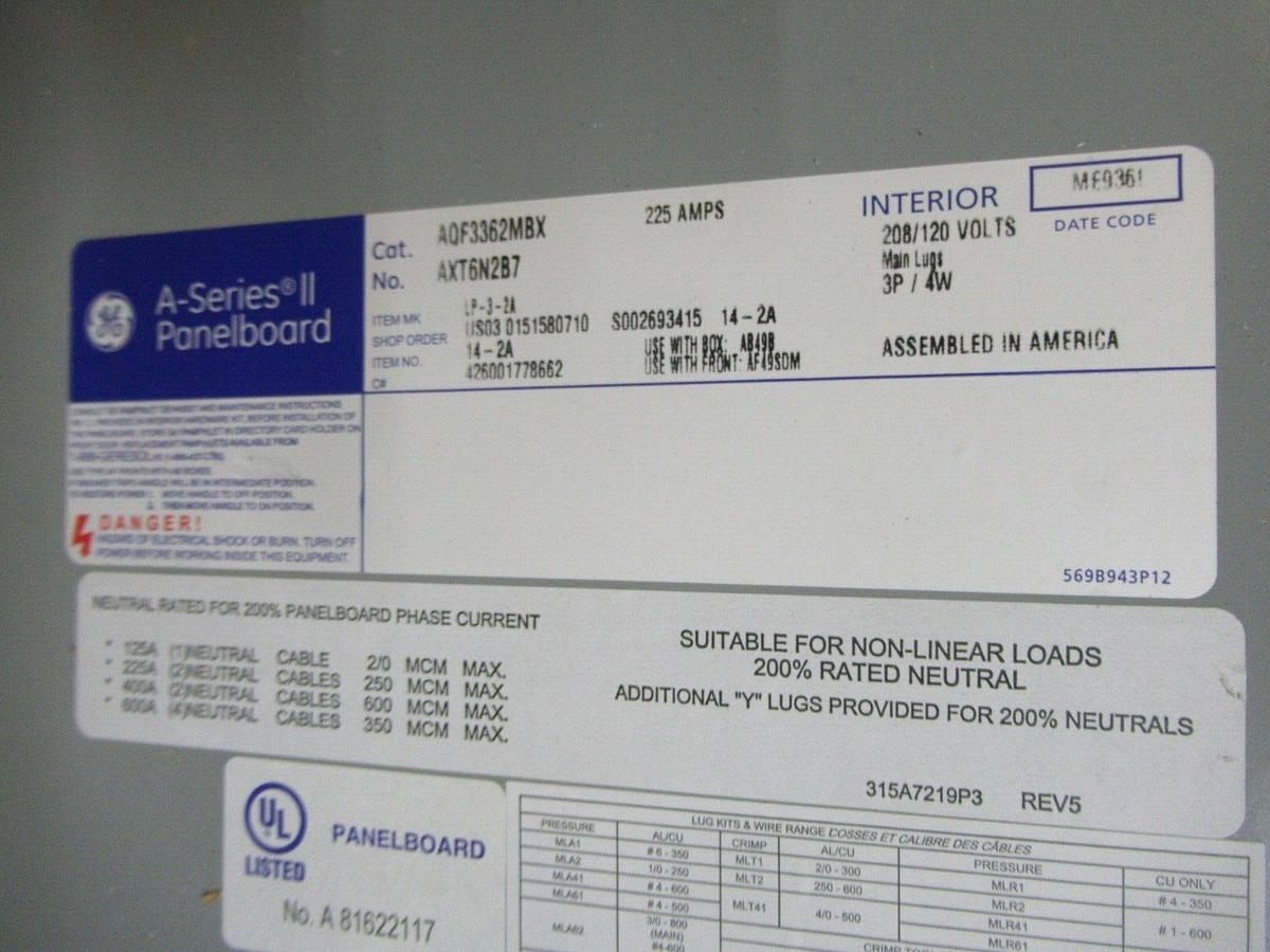 Used GENERAL ELECTRIC A-SERIES II PANELBOARD AQF3362MBX 225 AMP 36-SLOT 208/120 VOLT