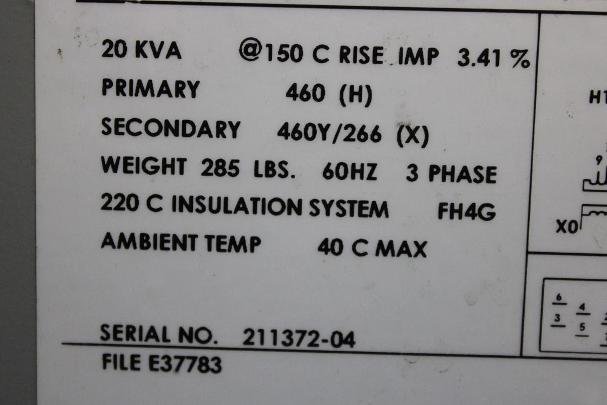 Used FEDERAL PACIFIC TRANSFORMER 36-B 20 kVA PRI: 460V SEC: 460Y/266V 3-PHASE