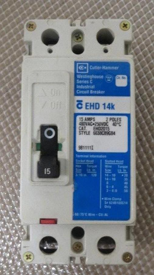 Used WESTINGHOUSE CUTLER HAMMER EHD14K BREAKER 15 AMP 2 POLE 480 VAC MODEL EHD2015