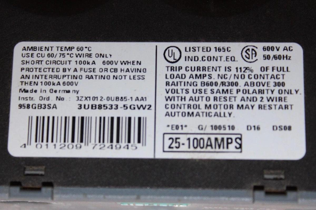 Used SIEMENS ESP200 OVERLOAD RELAY 958GB3SA 25-100 AMP 600 VAC **WARRANTY**