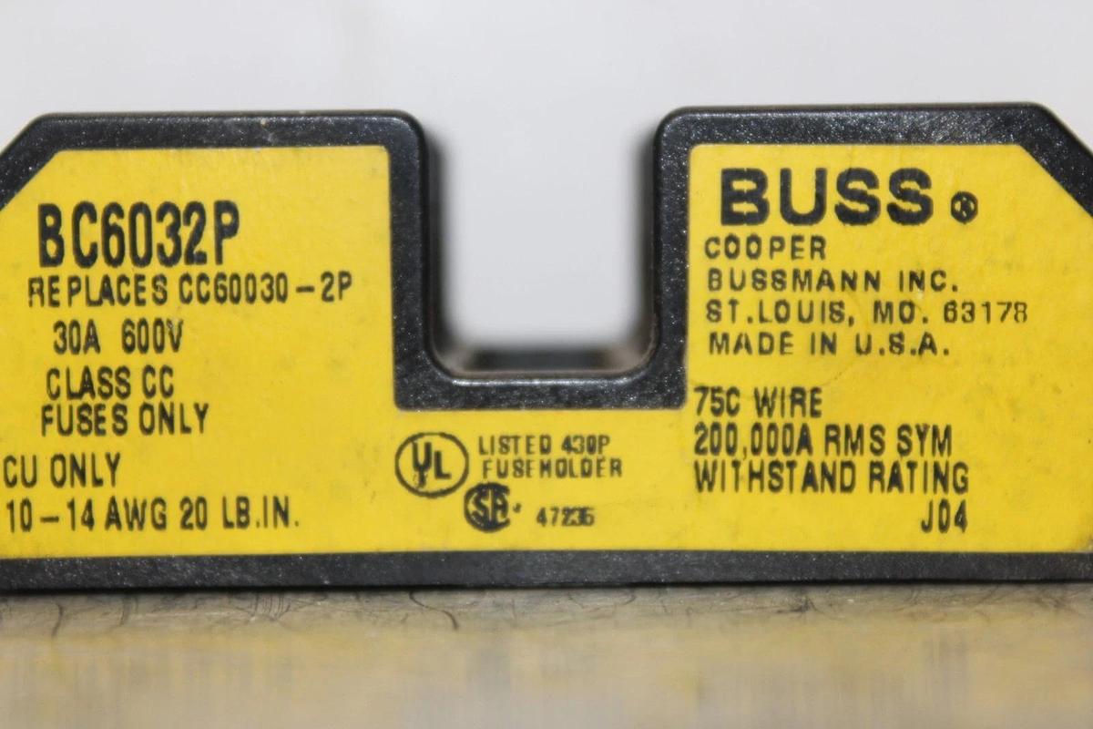 Used BUSS FUSE HOLDER BC6032P 2-POLE 30 AMP 600 VOLT CLASS CC FUSES **WARRANTY**