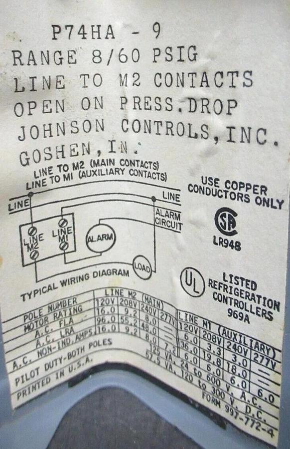 Used PENN DIFFERENTIAL PRESSURE CONTROL P74HA-9 277 VAC 16 AMP 8/60 PSIG **WARRANTY**