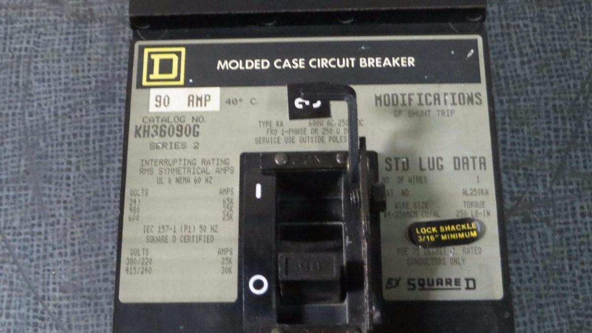 Used SQUARE D I-LINE CIRCUIT BREAKER KH36090G 90 AMP 600 VOLT W/ GROUND FAULT SHUNT