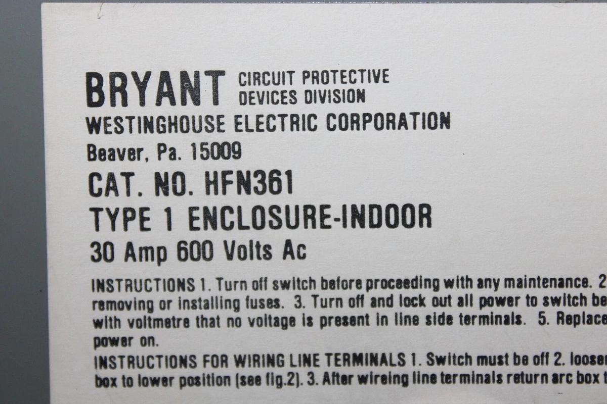 Used WESTINGHOUSE HEAVY DUTY SAFETY DISCONNECT SWITCH HFN361 30 AMP 600 VAC