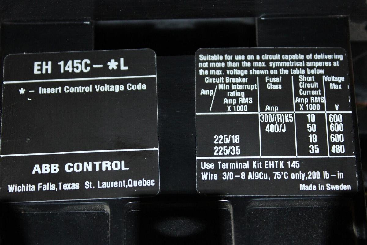 Used ABB CONTACTOR EH-145 600 VAC 3-POLE 200 AMP 125 HP COIL: 24VDC
