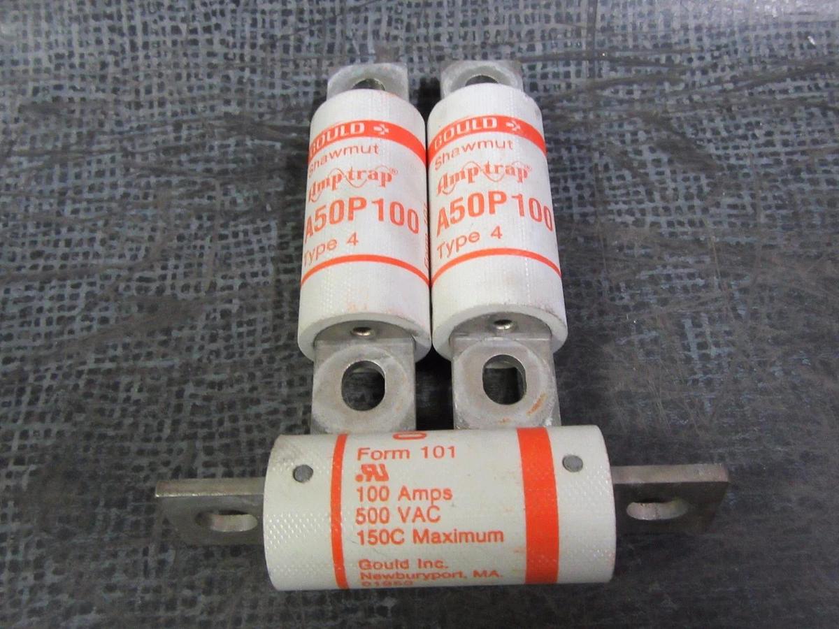 Used LOT OF 3 100 AMP A50P100 GOULD SHAWMUT AMPTRAP FUSE 100 AMP 500 VAC TYPE 4