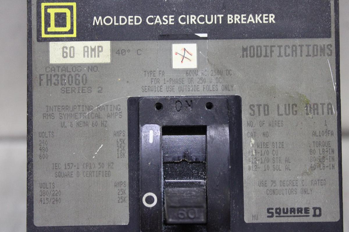 Used SQUARE D I-LINE CIRCUIT BREAKER FA36060 60 AMP 600 VOLT 3-POLE